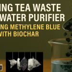 tea waste being transformed into biochar, used to purify water by removing methylene blue dye