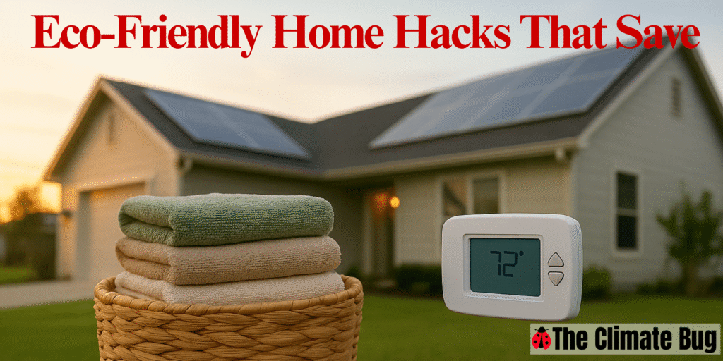 Smart eco-home infographic showing sustainable hacks, AI integration, and cost savings