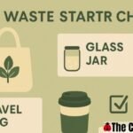 Image of reusable household items and compost bin promoting a zero-waste lifestyle
