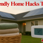 Smart eco-home infographic showing sustainable hacks, AI integration, and cost savings