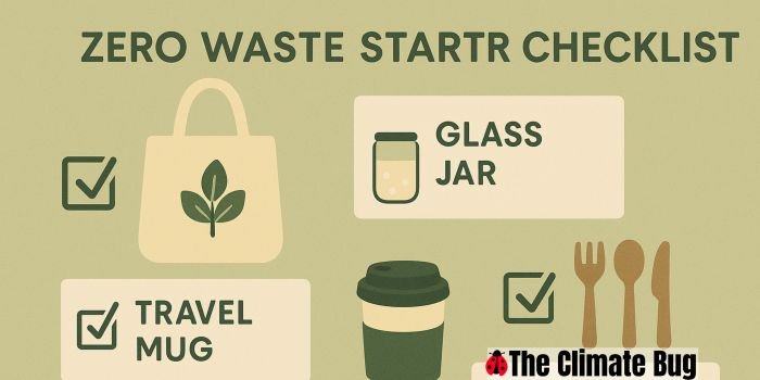 Image of reusable household items and compost bin promoting a zero-waste lifestyle